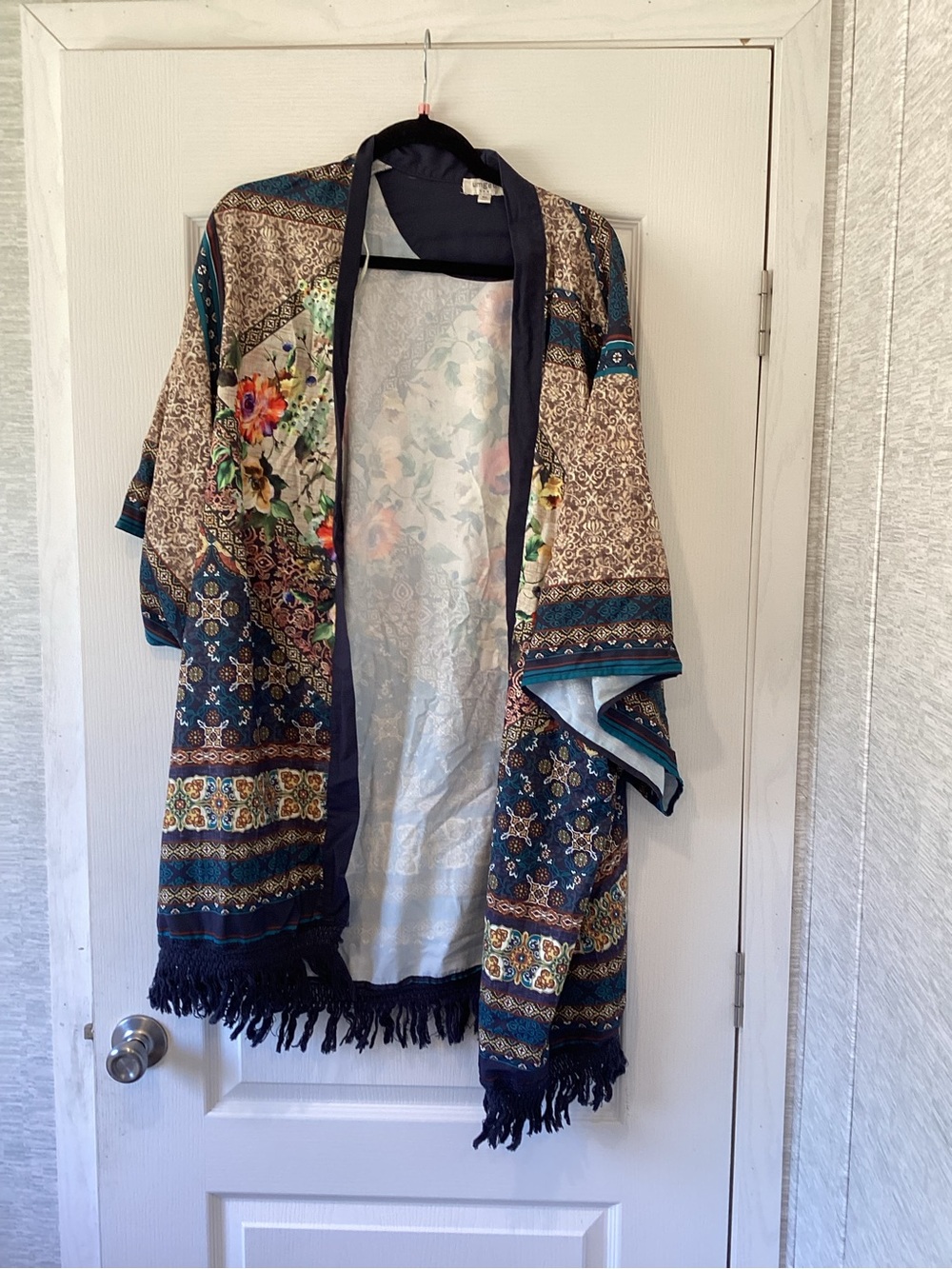 Umgee Navy Multicolor Boho Fringe Kimono Cardigan M/L EUC